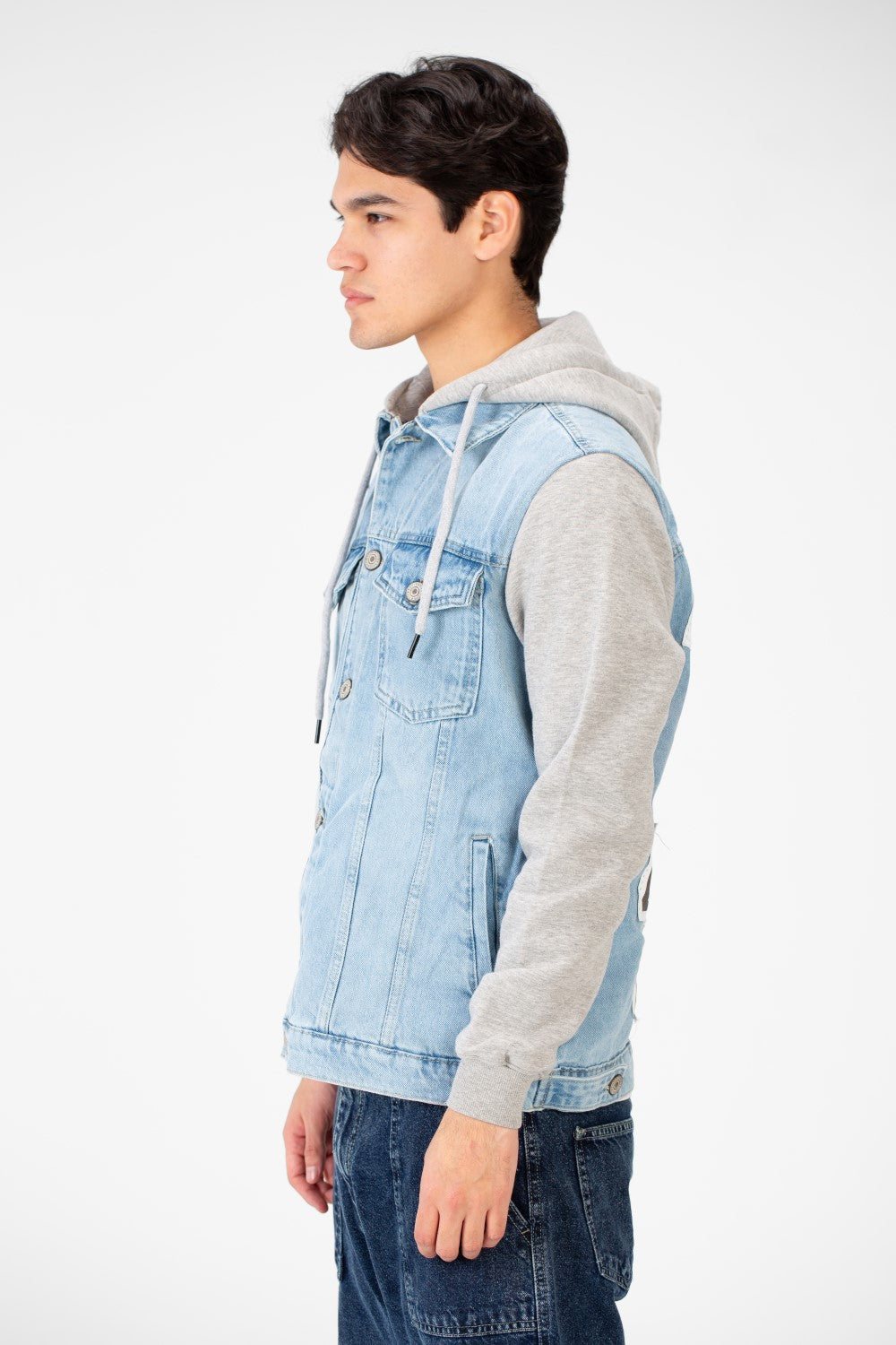 Men's Back Text Print Denim Jacket With Melton Sleeves And Hood