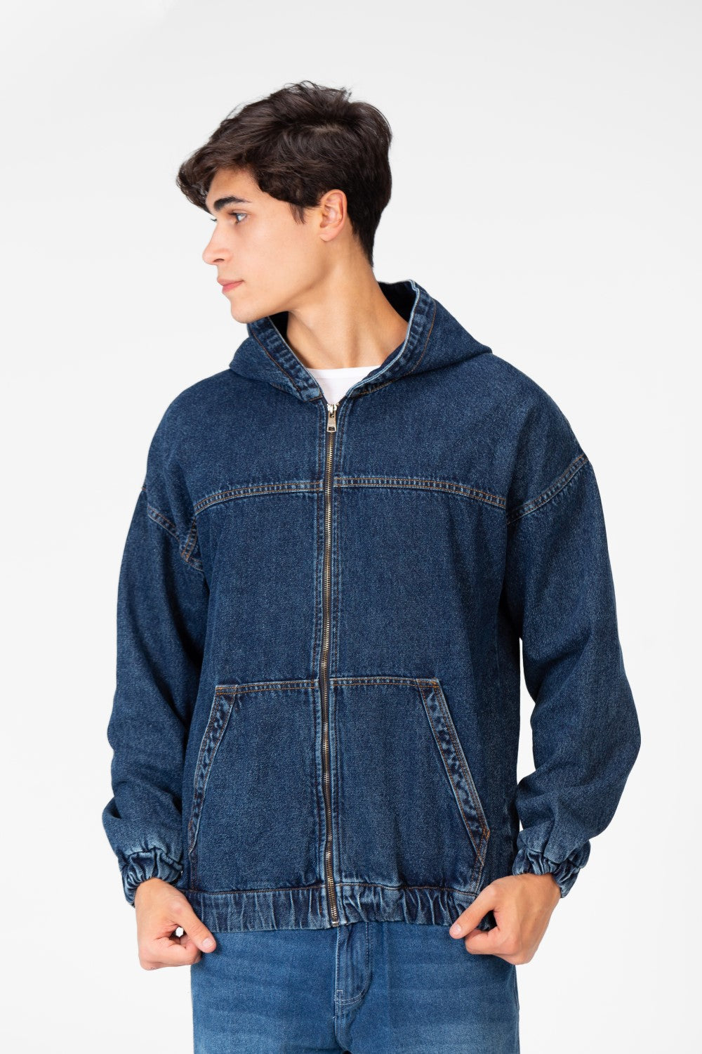 Men's Hood Denim Jacket With Full Front Zipper