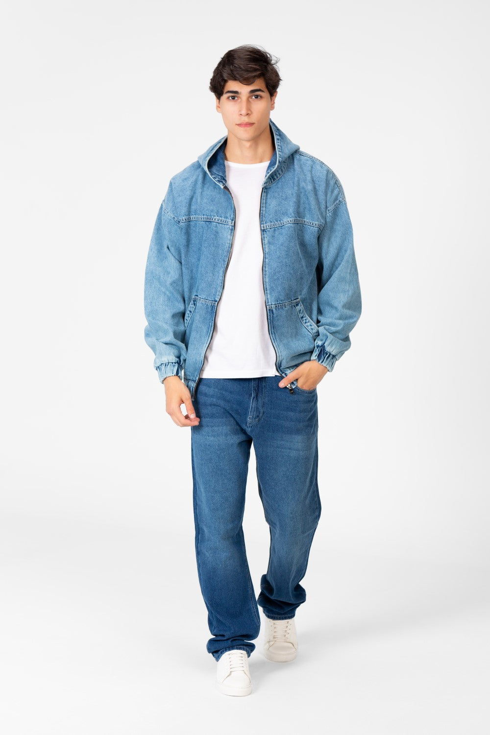 Men's Hood Denim Jacket With Full Front Zipper