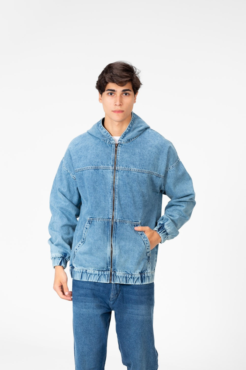 Men's Hood Denim Jacket With Full Front Zipper
