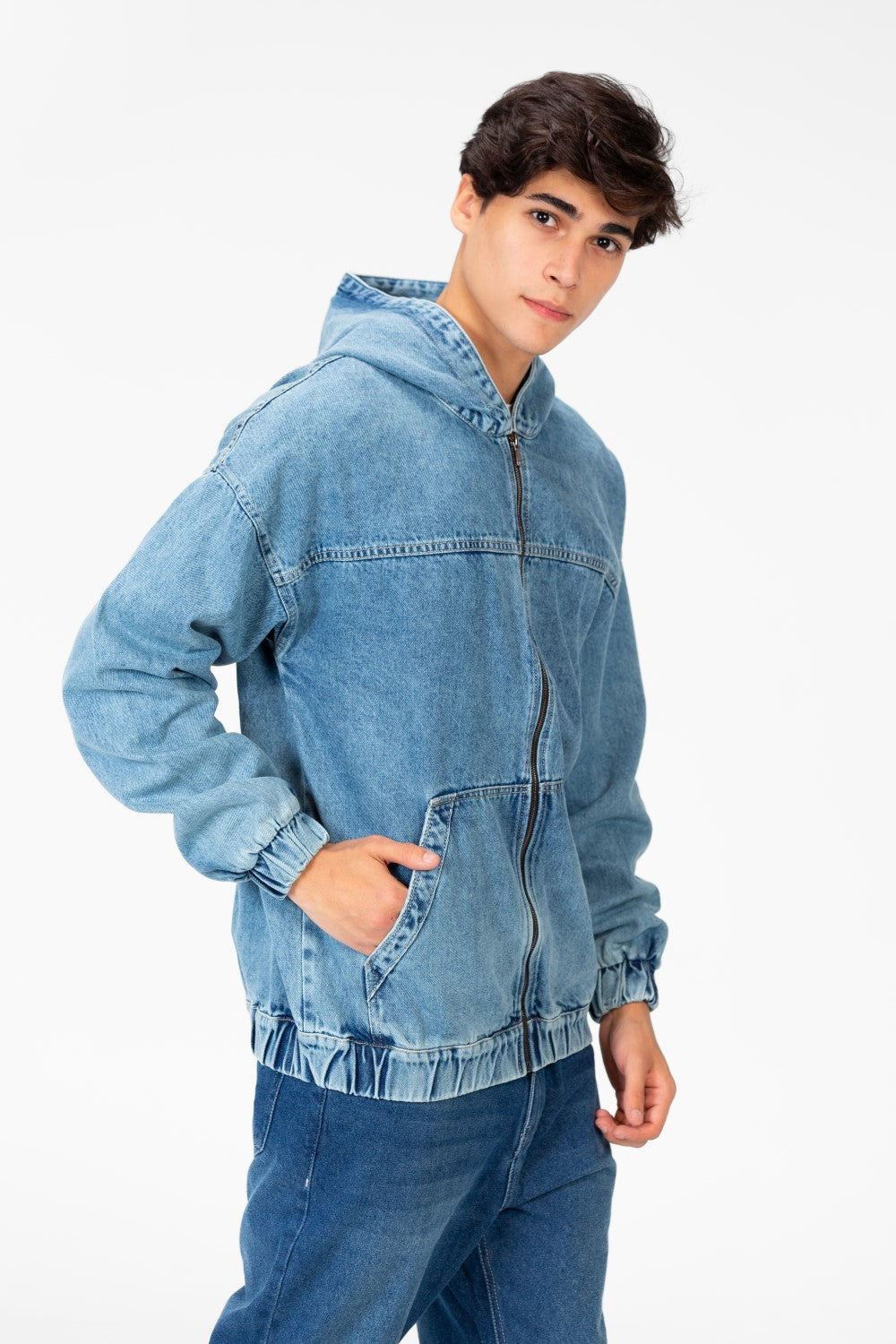 Men's Hood Denim Jacket With Full Front Zipper