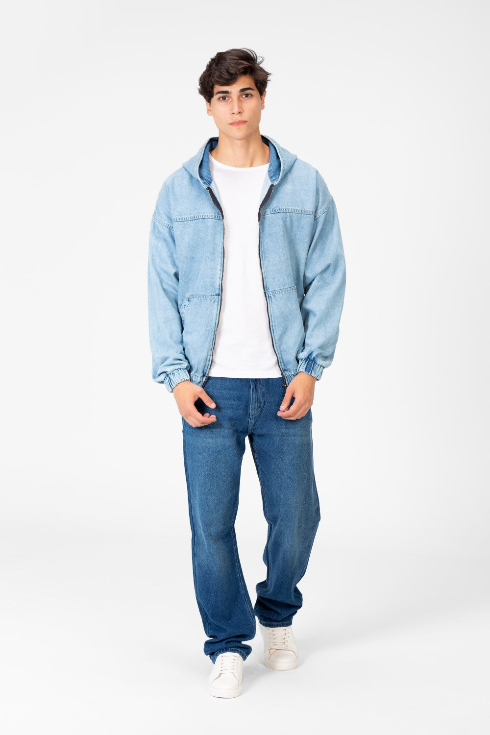 Men's Hood Denim Jacket With Full Front Zipper