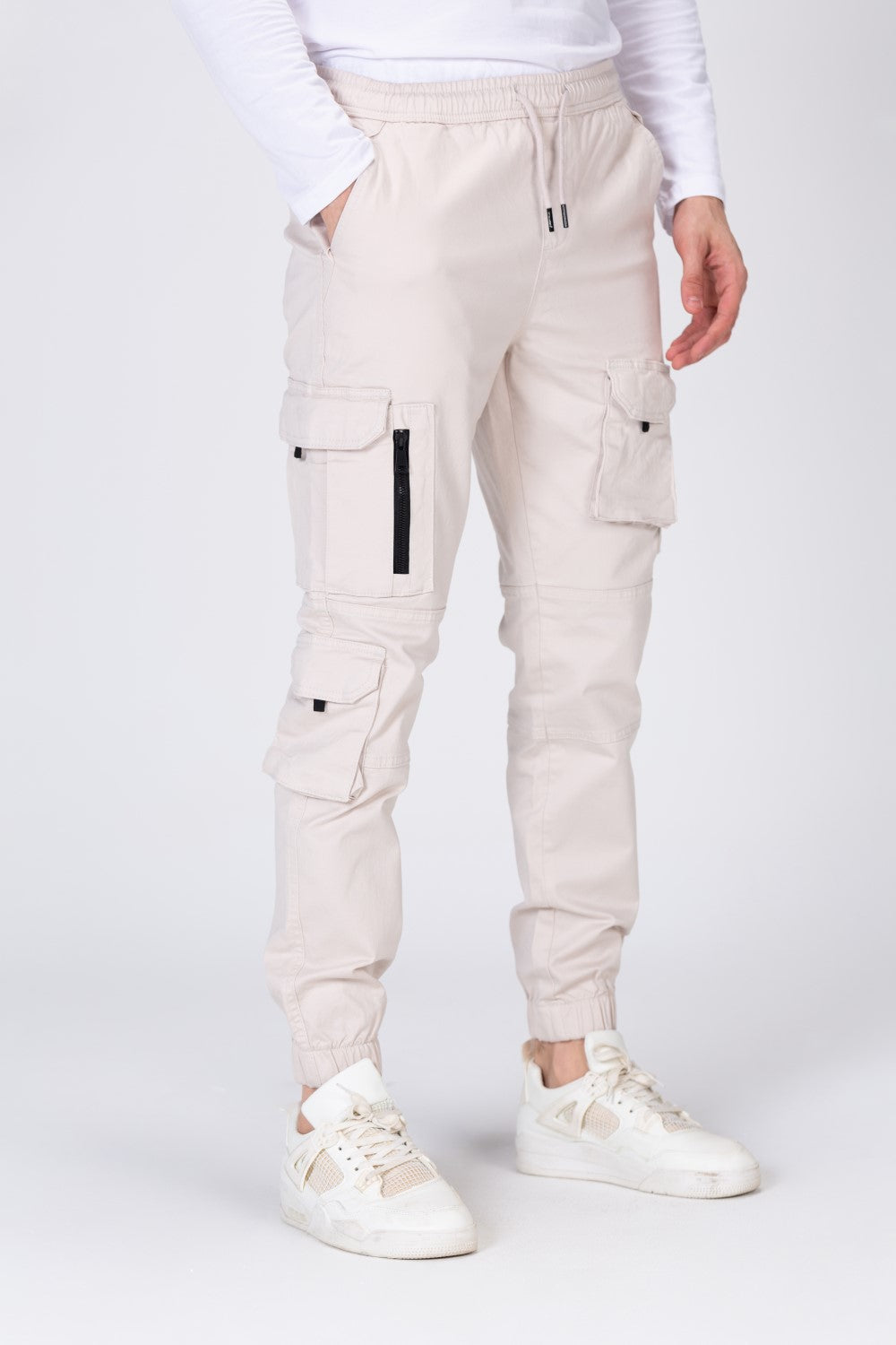 بنطلون رجالي من قماش الجبردين بخصر مطاطي وجيوب وسحاب أمامي