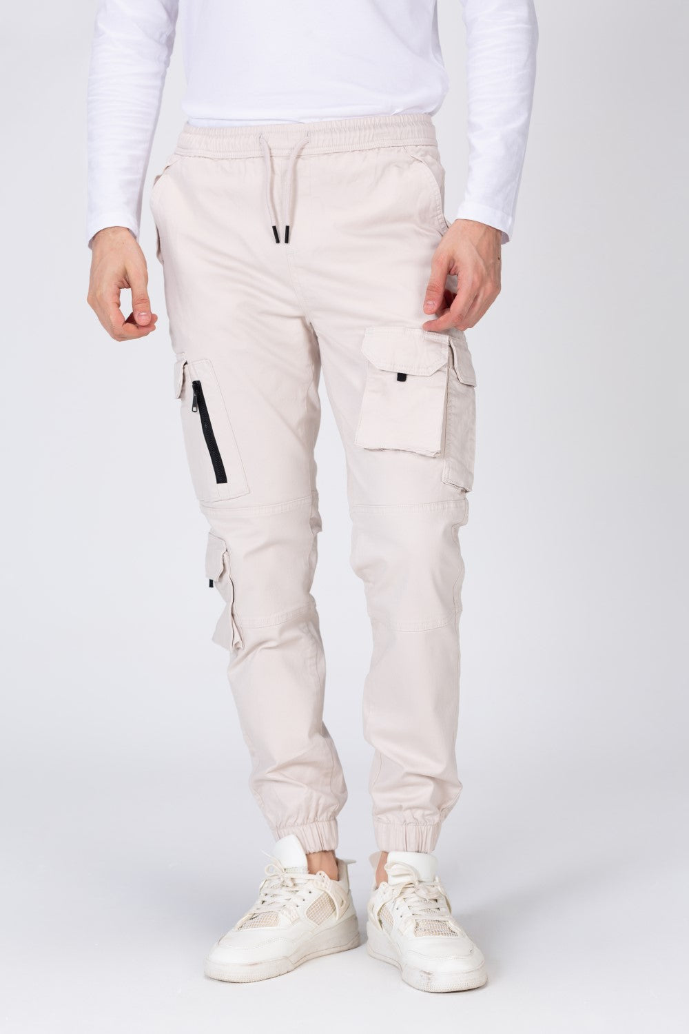 بنطلون رجالي من قماش الجبردين بخصر مطاطي وجيوب وسحاب أمامي