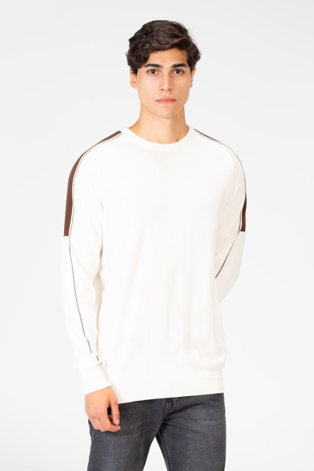 Men's Cotton Round Neck Pullover With Striped Off Shoulder