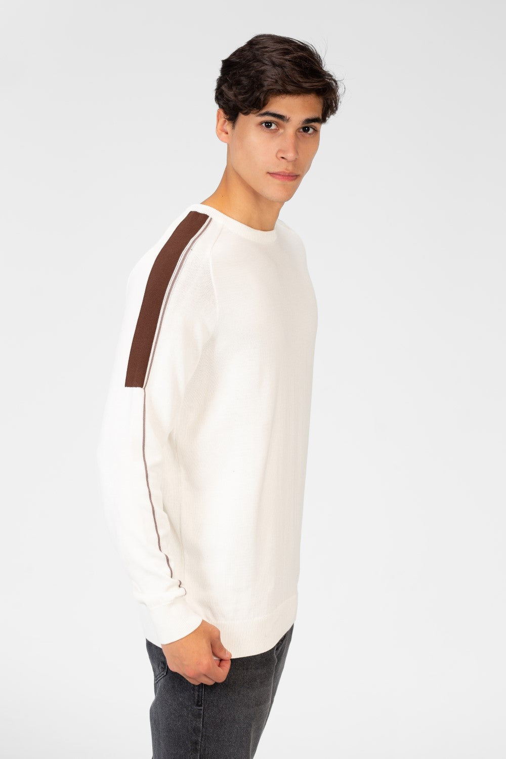 Men's Cotton Round Neck Pullover With Striped Off Shoulder