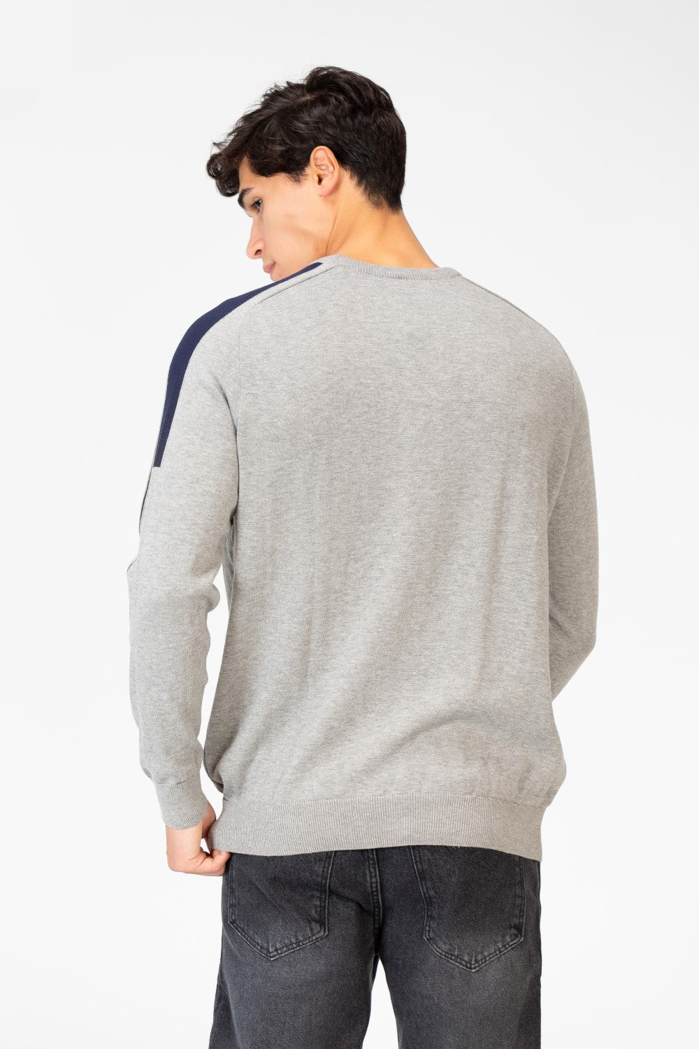 Men's Cotton Round Neck Pullover With Striped Off Shoulder