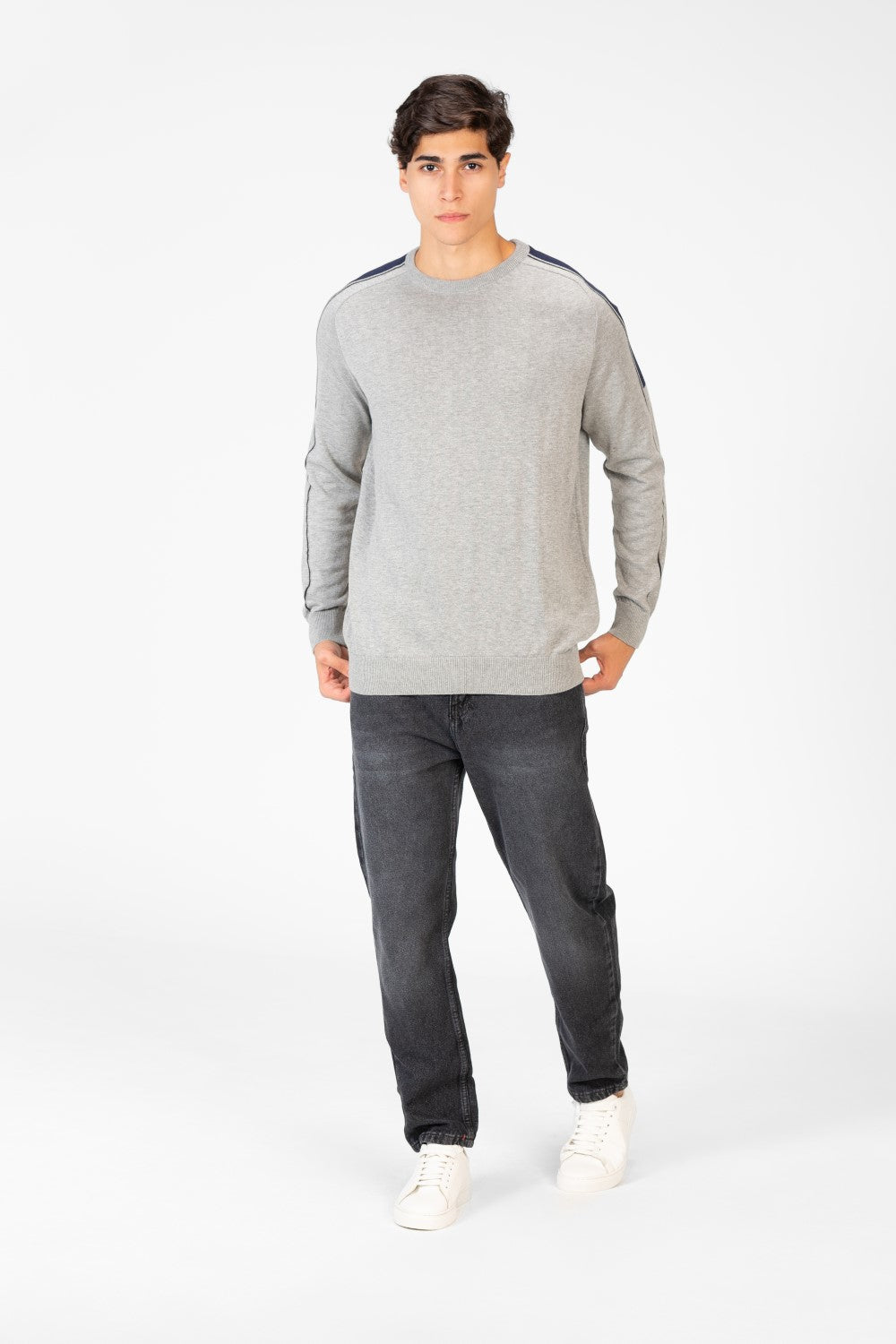 Men's Cotton Round Neck Pullover With Striped Off Shoulder