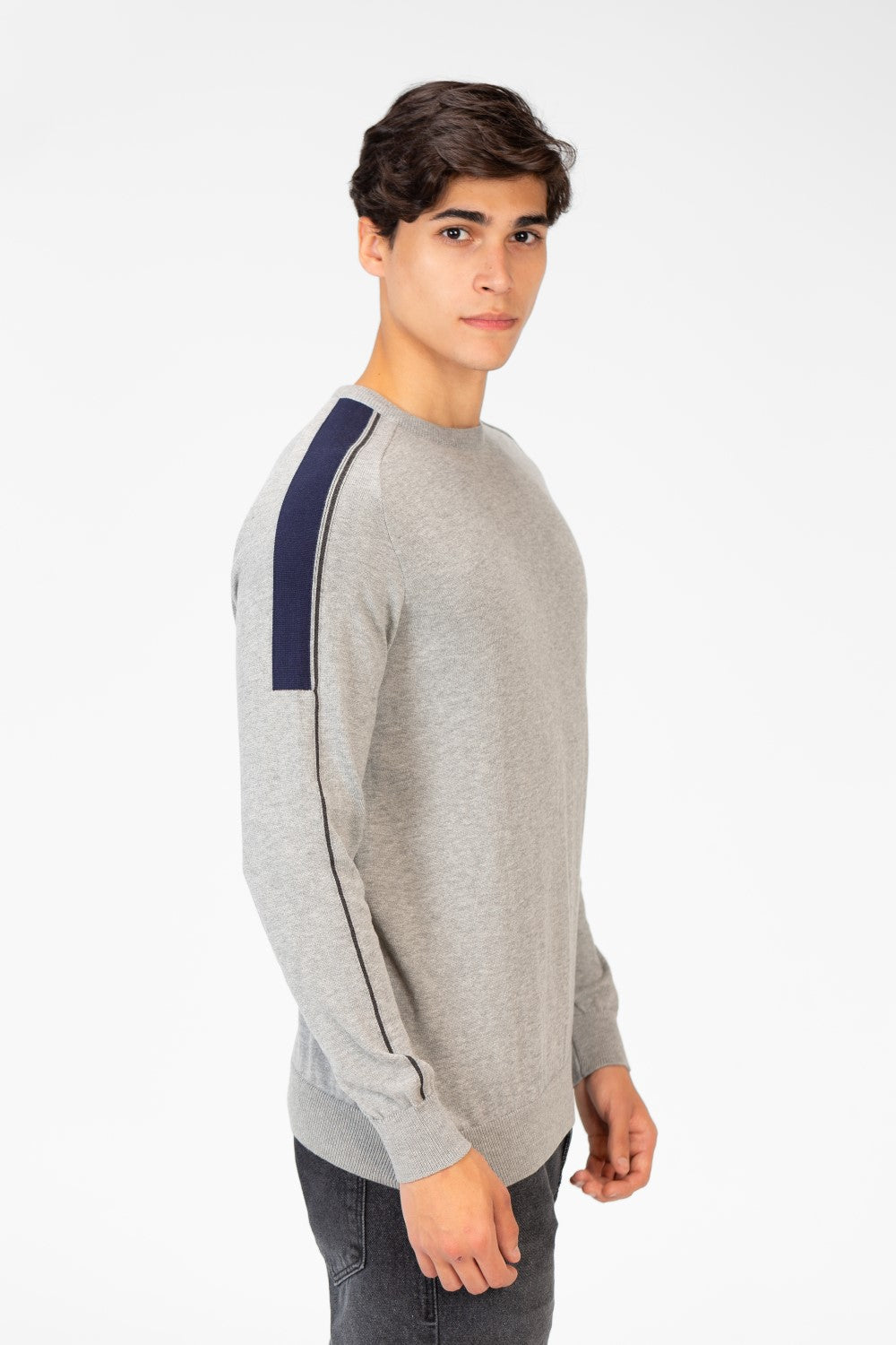 Men's Cotton Round Neck Pullover With Striped Off Shoulder