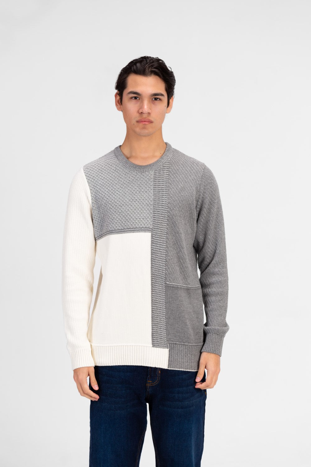Men's Half & Half Round Neck Cotton Knitted Pullover