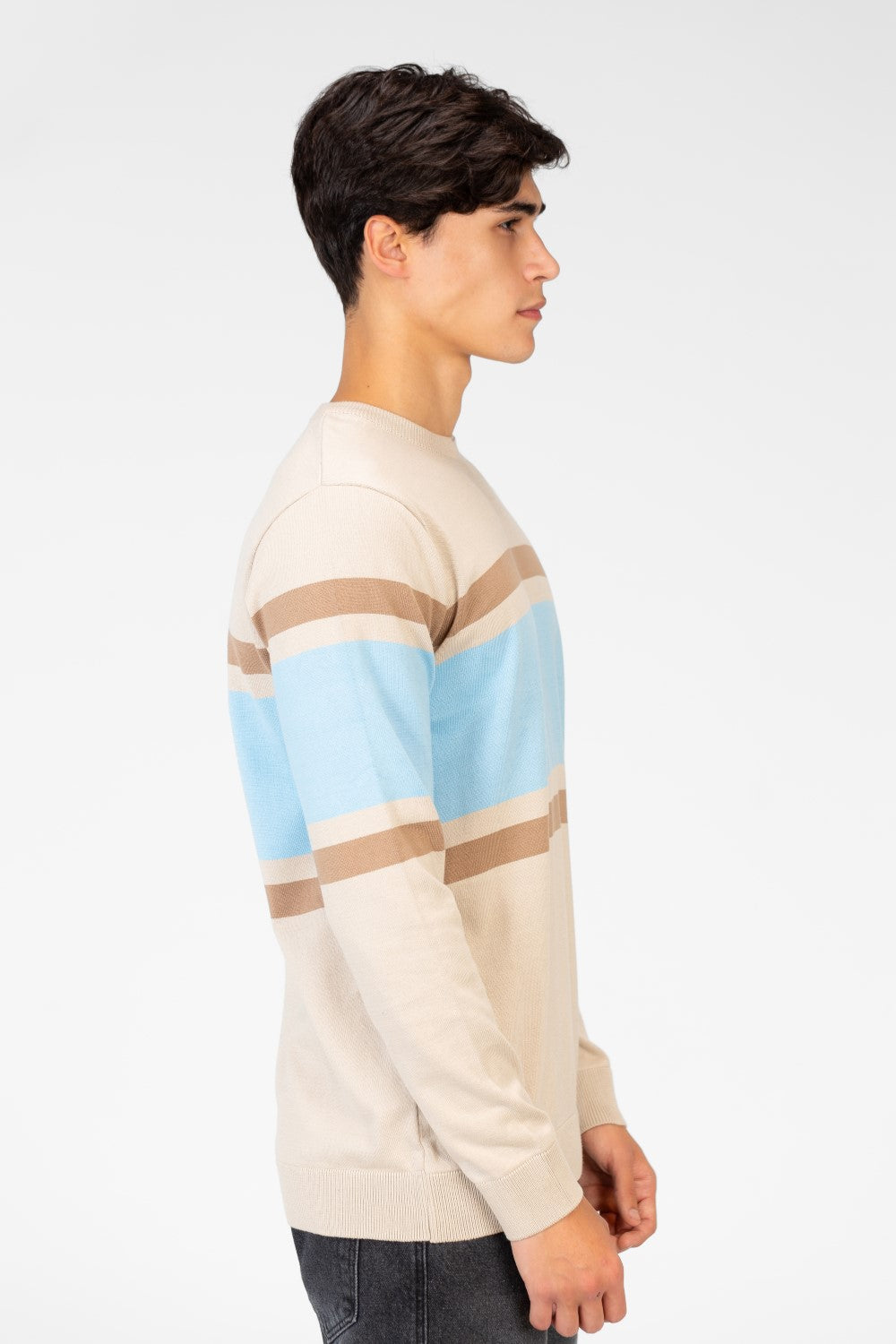 Men's Round Neck Striped Pullover With Long Sleeves