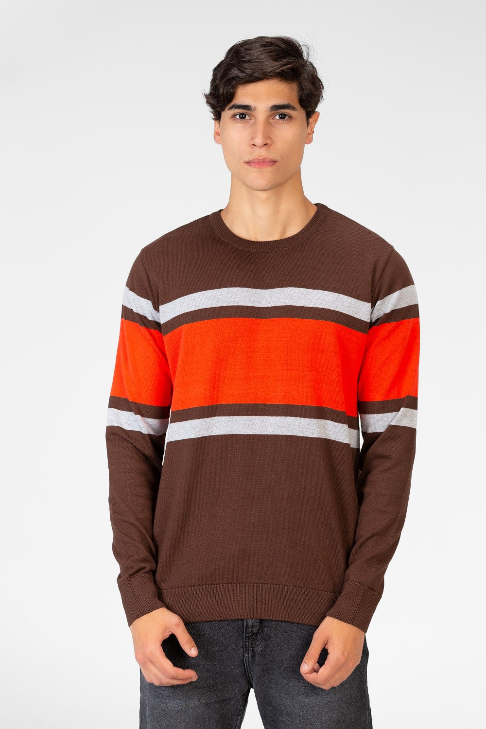 Men's Round Neck Striped Pullover With Long Sleeves
