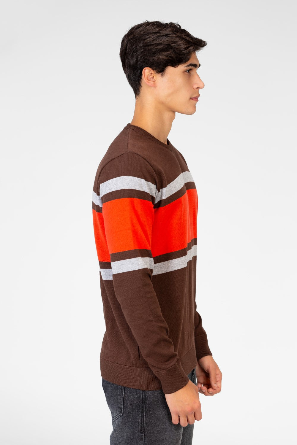 Men's Round Neck Striped Pullover With Long Sleeves