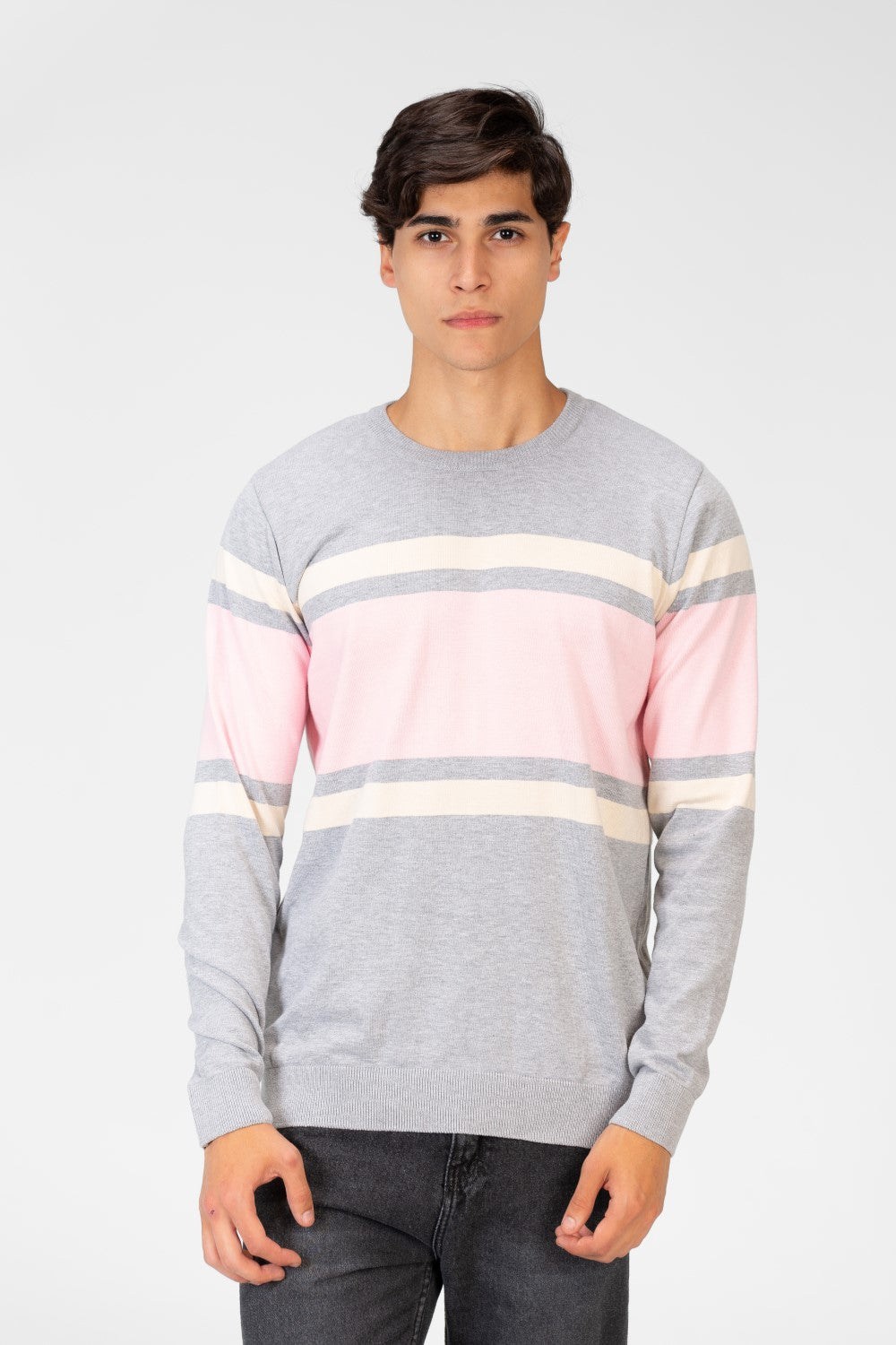Men's Round Neck Striped Pullover With Long Sleeves