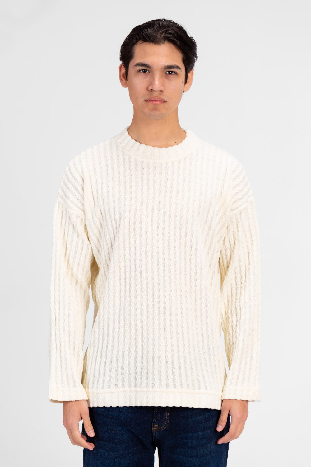 Men's Basic Plain Crew Neck Long Sleeve Pullover Ecru