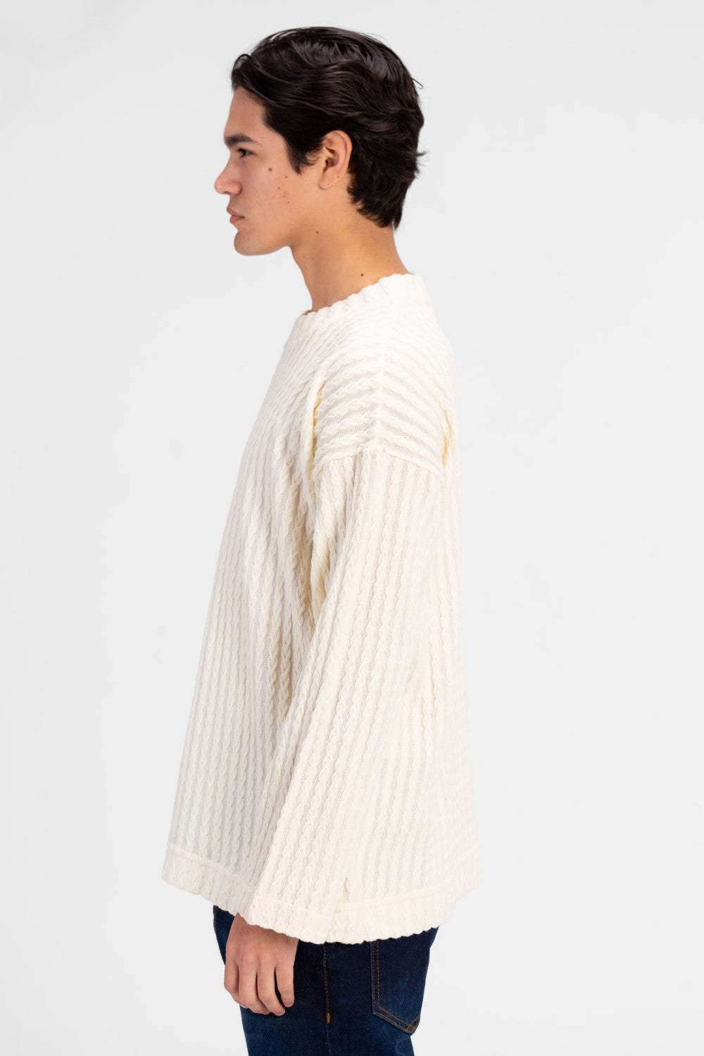 Men's Basic Plain Crew Neck Long Sleeve Pullover Ecru