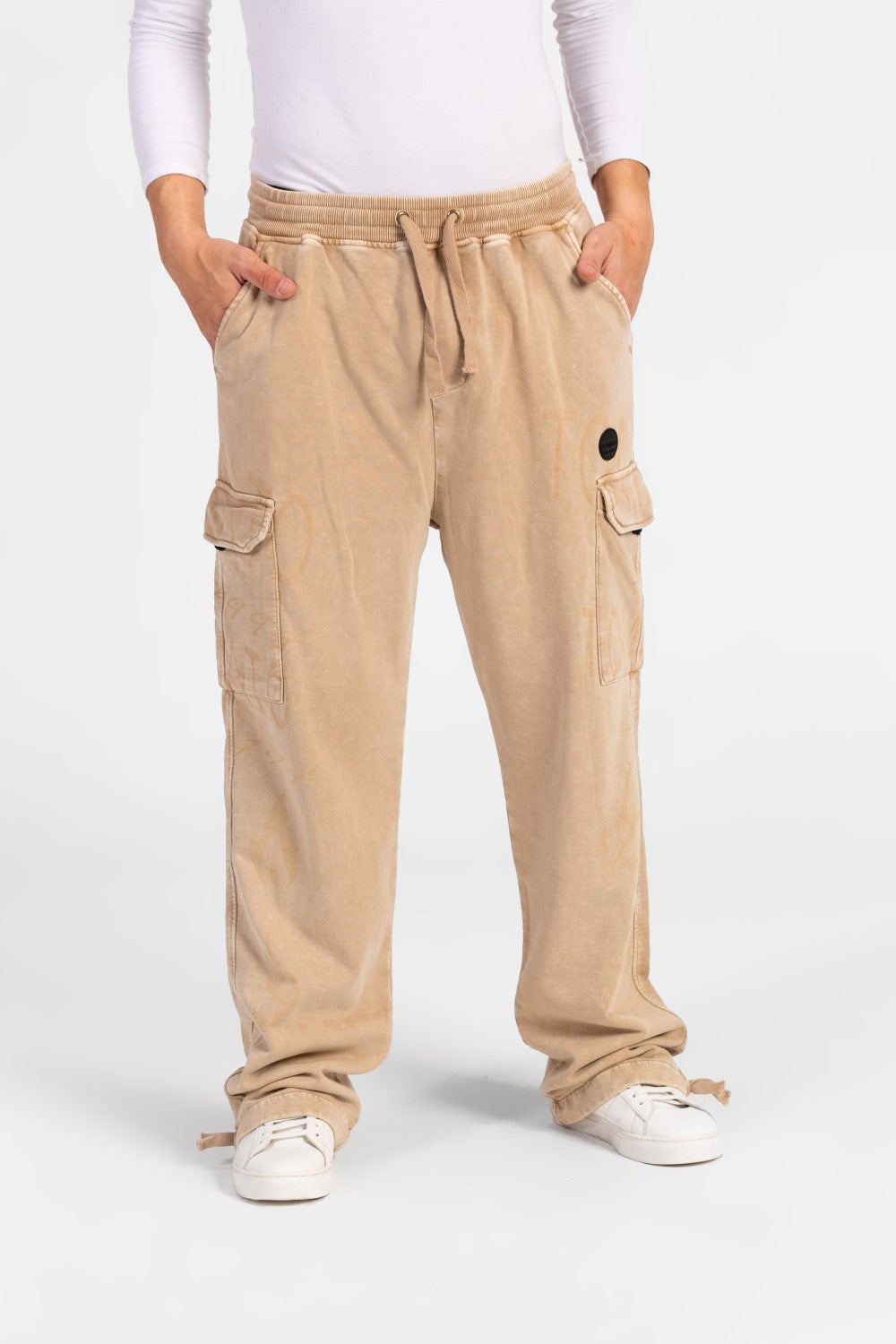 بنطال رياضي رجالي واسع الساق بحزام خصر مطاطي وجيوب جانبية