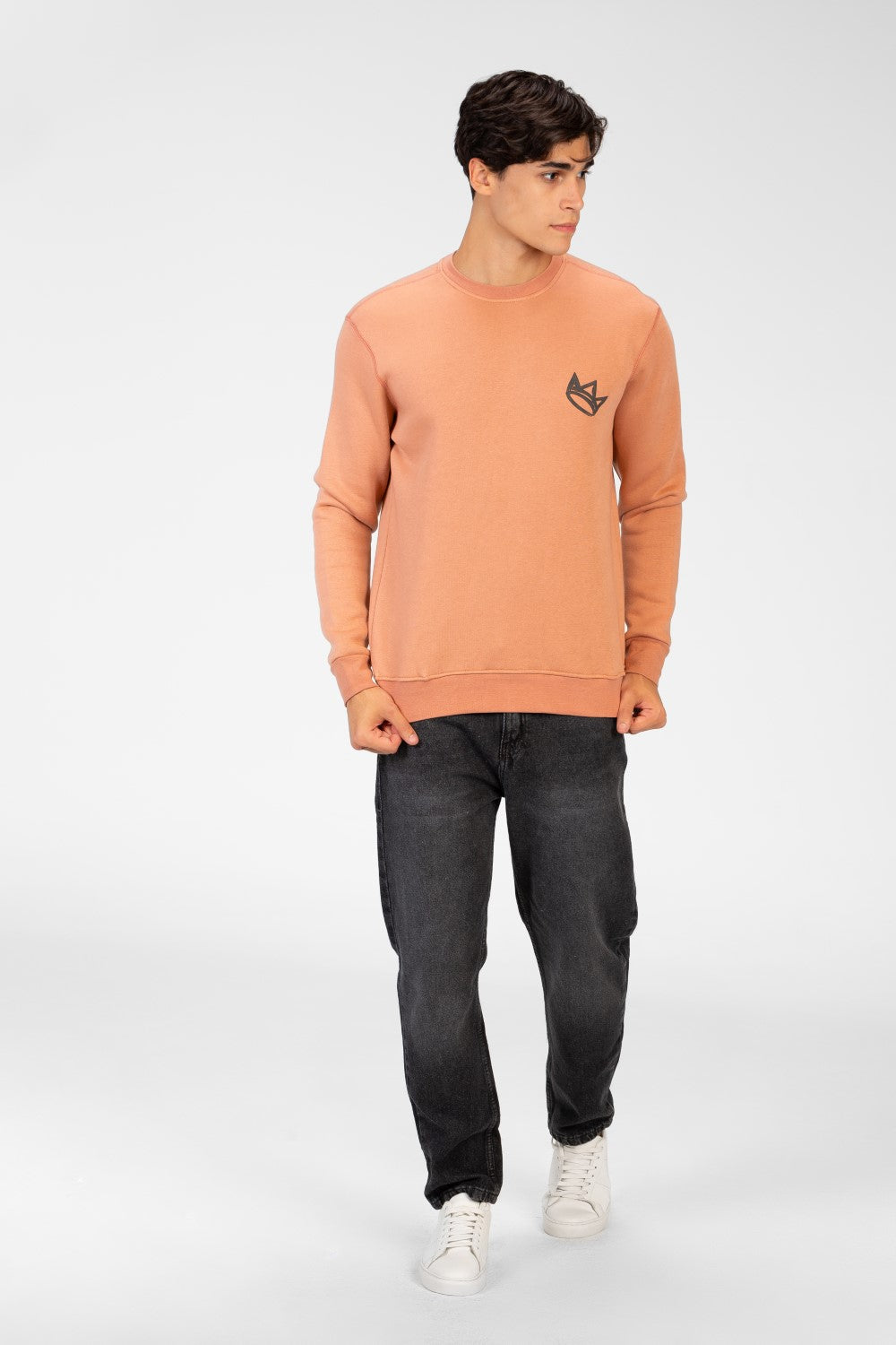 سويت شيرت رجالي برقبة دائرية مع طباعة تاج على الجهة الأمامية