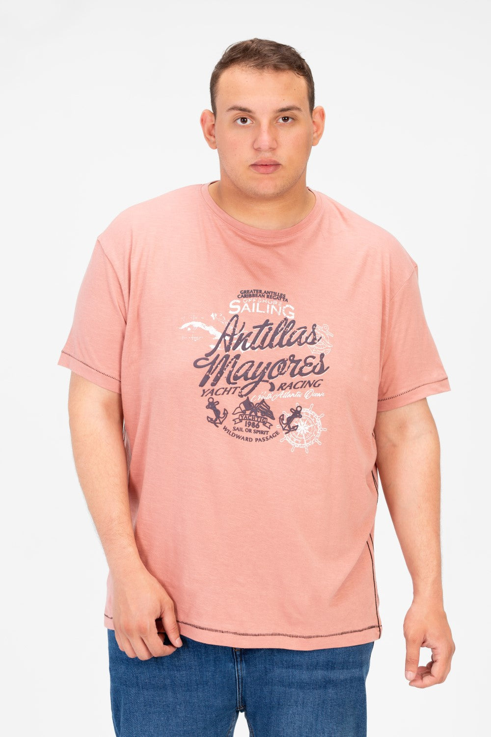 تي شيرت رجالي كبير الحجم مطبوع بأكمام قصيرة ورقبة دائرية