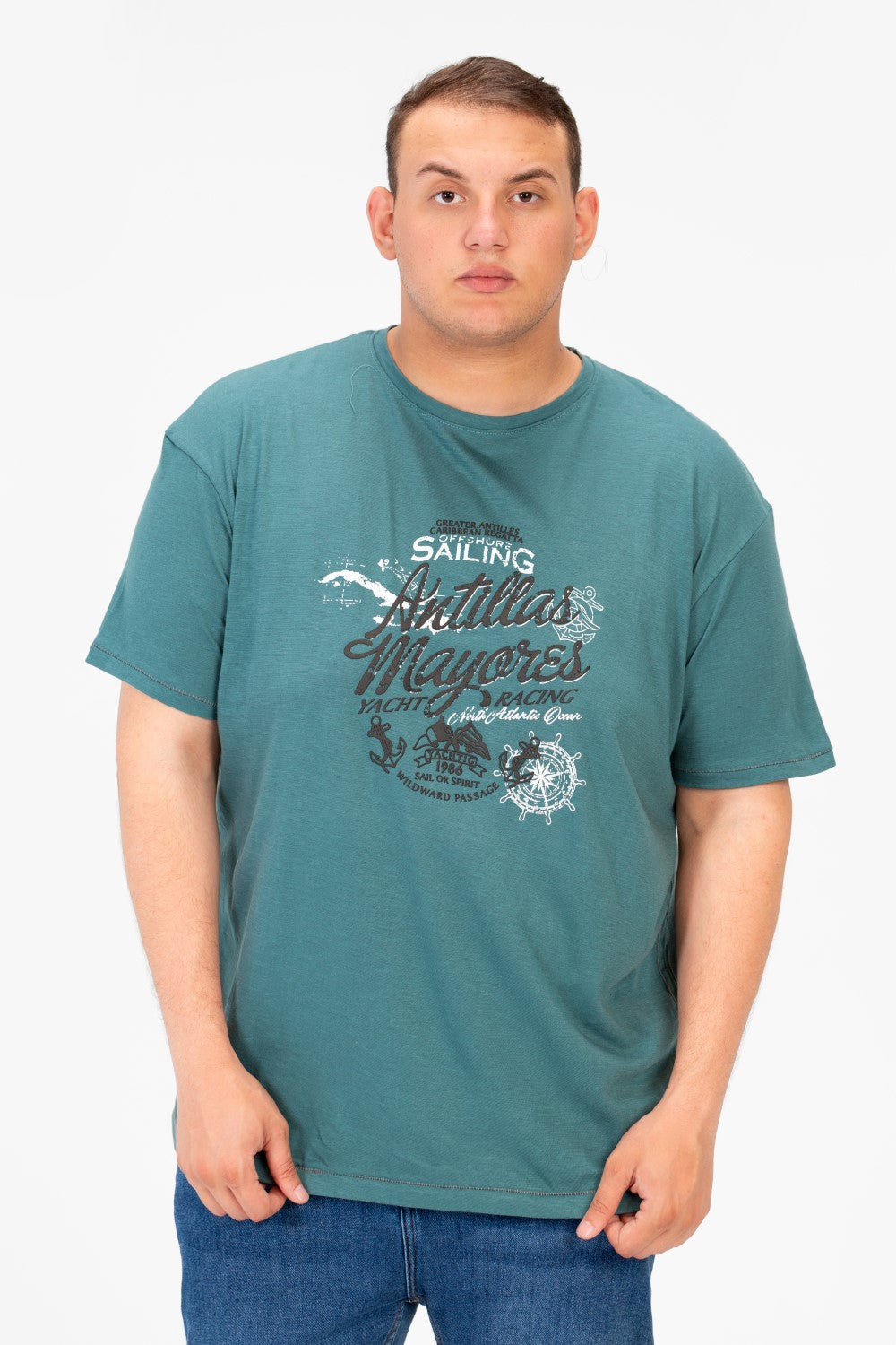 تي شيرت رجالي كبير الحجم مطبوع بأكمام قصيرة ورقبة دائرية