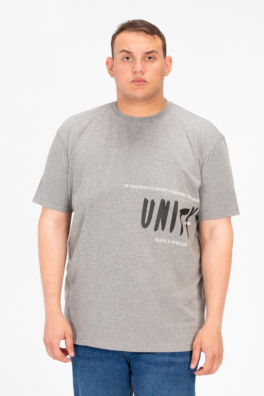 تي شيرت رجالي كبير الحجم برقبة دائرية وأكمام نصف مطبوعة من الأمام