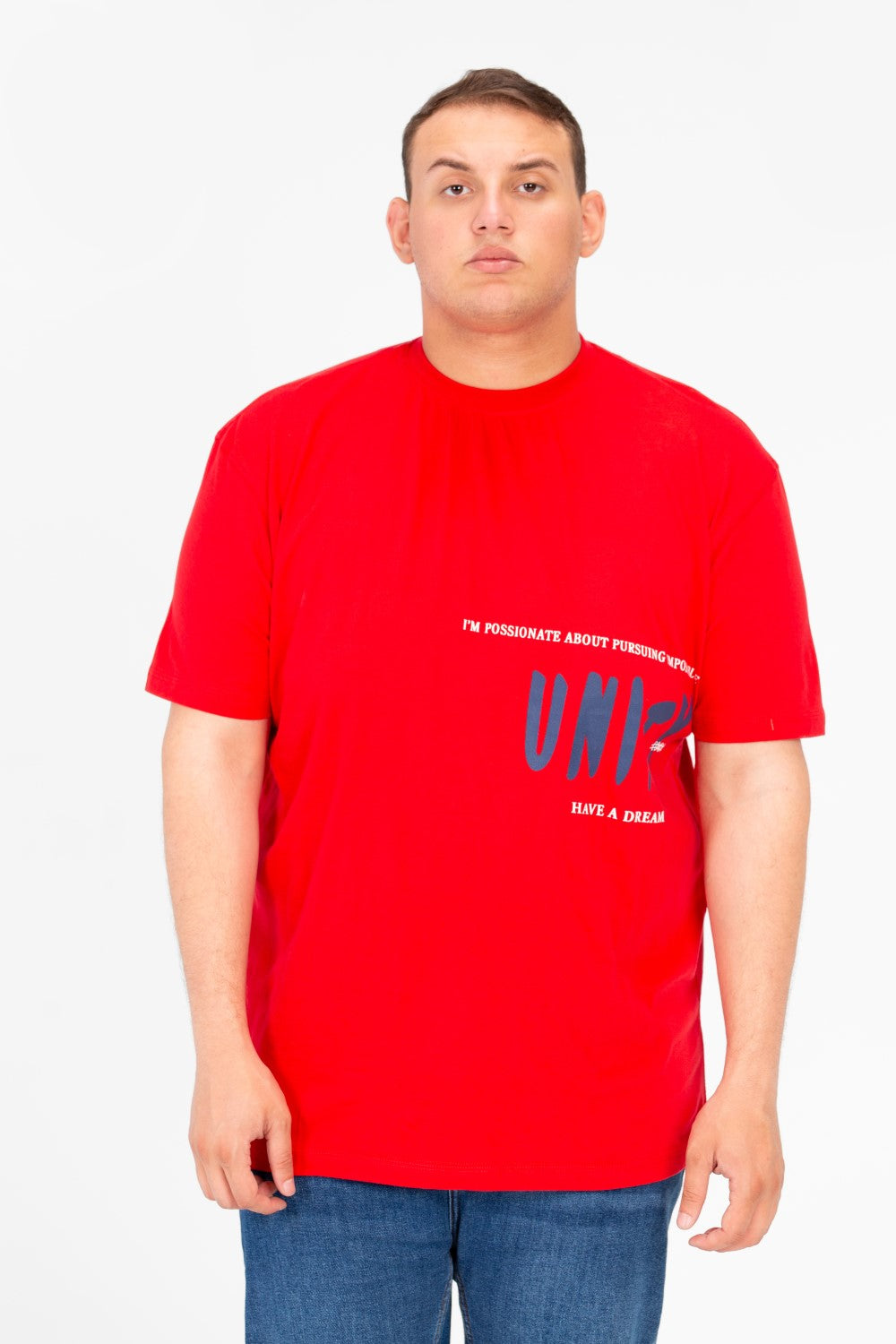 تي شيرت رجالي كبير الحجم برقبة دائرية وأكمام نصف مطبوعة من الأمام