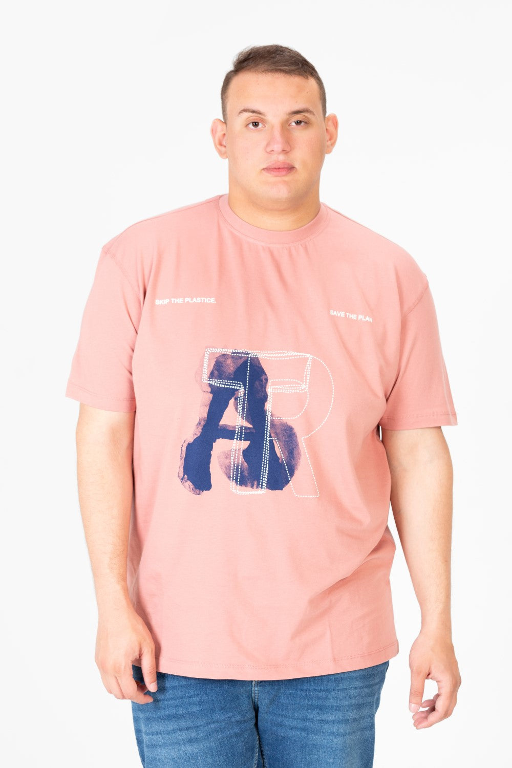 تي شيرت رجالي كبير الحجم مطبوع بأكمام نصفية ورقبة دائرية