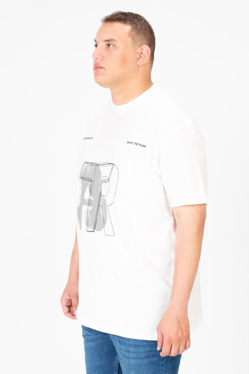 تي شيرت رجالي كبير الحجم مطبوع بأكمام نصفية ورقبة دائرية