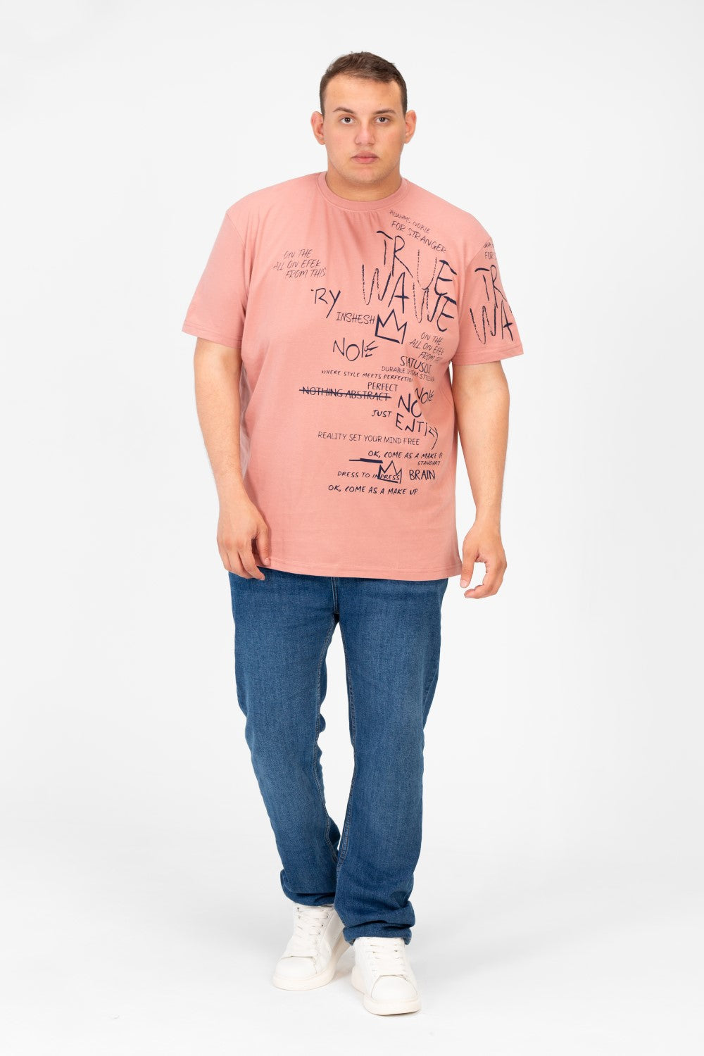 تي شيرت رجالي كبير الحجم مطبوع برقبة دائرية وأكمام قصيرة