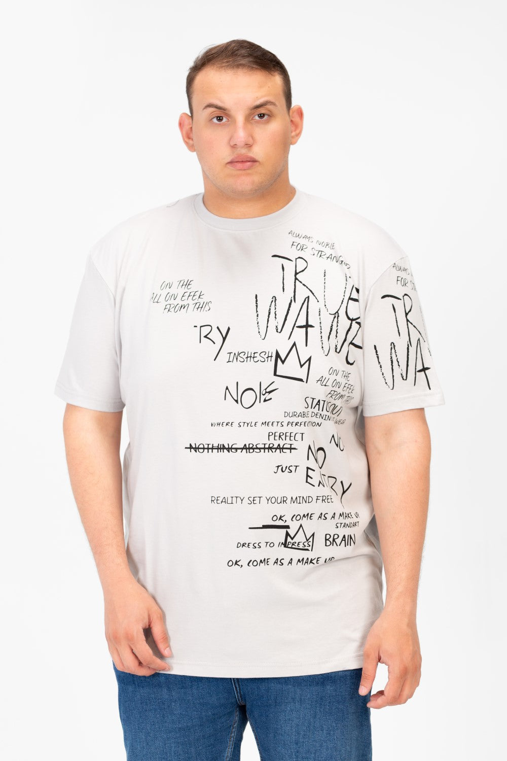 تي شيرت رجالي كبير الحجم مطبوع برقبة دائرية وأكمام قصيرة