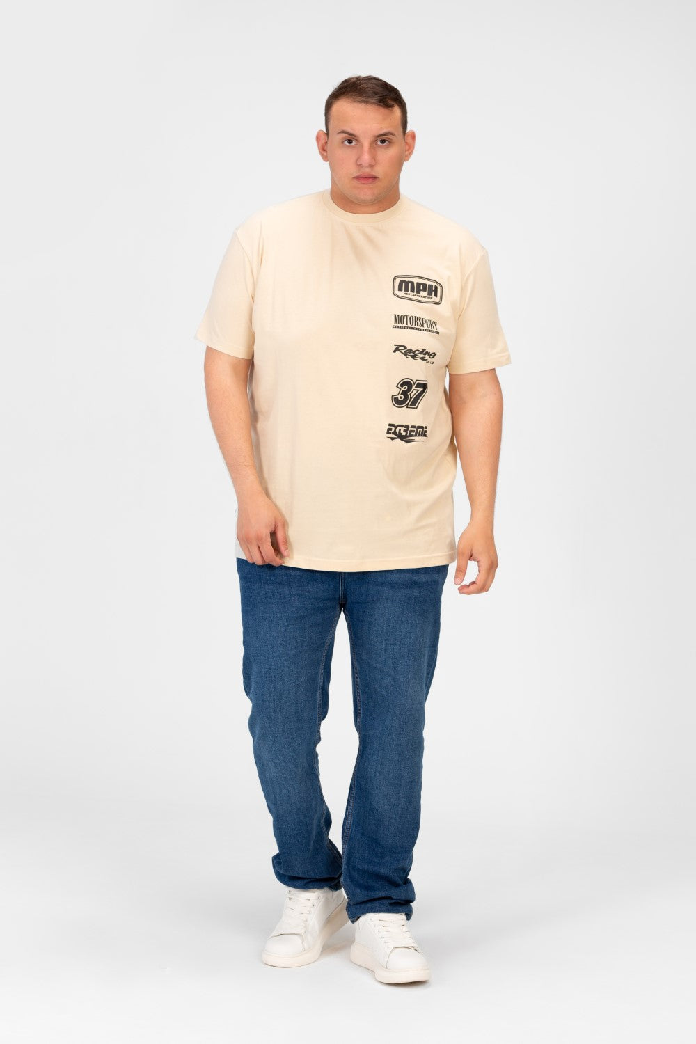 تي شيرت رجالي كبير الحجم مطبوع بأكمام قصيرة ورقبة دائرية