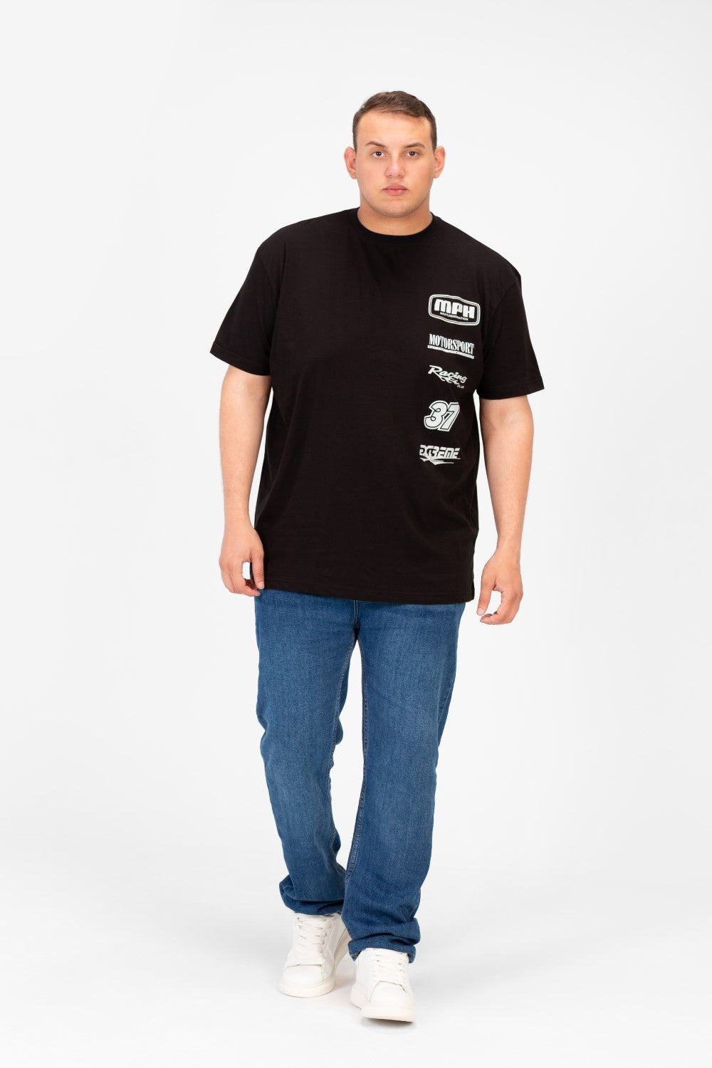 تي شيرت رجالي كبير الحجم مطبوع بأكمام قصيرة ورقبة دائرية