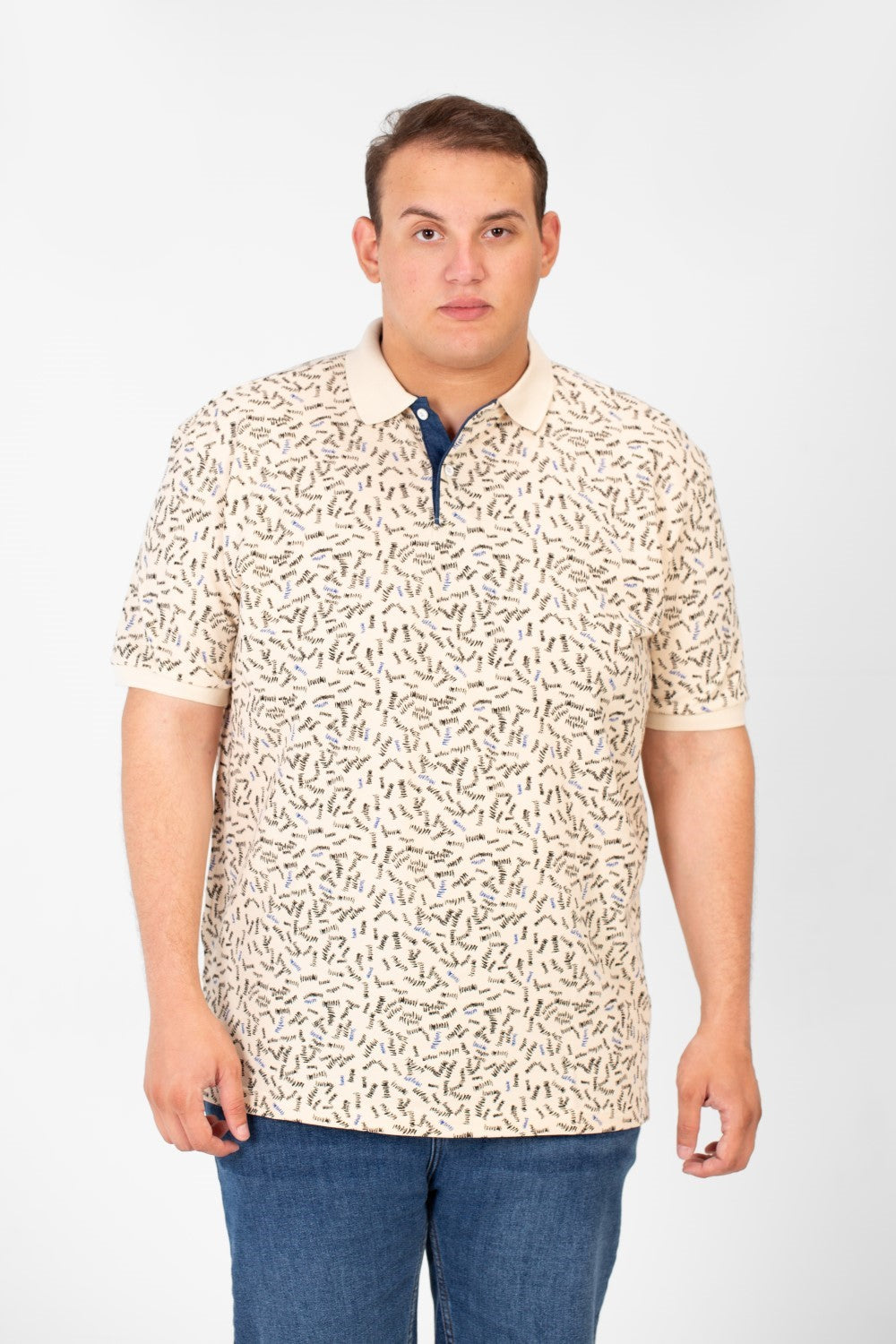 تي شيرت بولو جاكار رجالي كبير الحجم بطباعة كاملة وأكمام نصفية