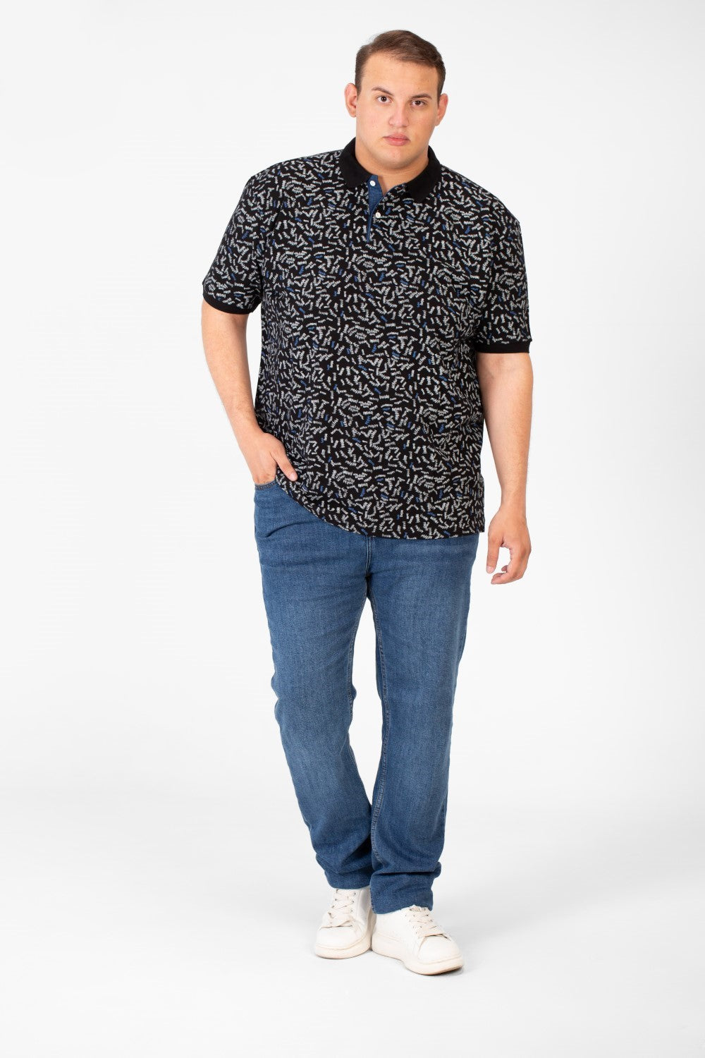 تي شيرت بولو جاكار رجالي كبير الحجم بطباعة كاملة وأكمام نصفية