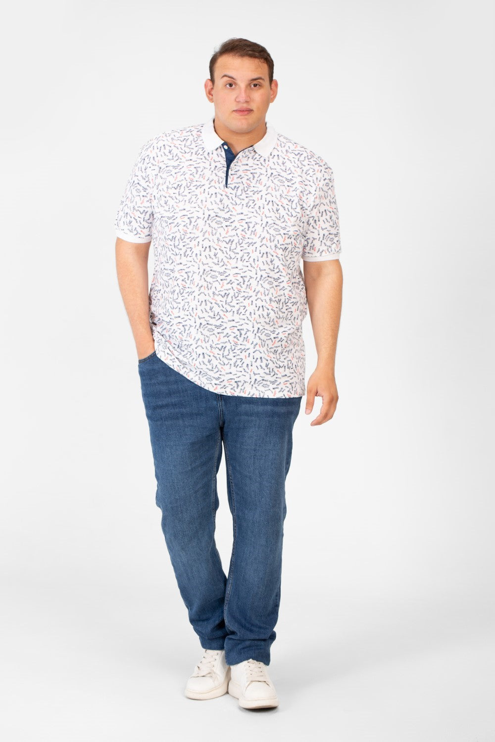 تي شيرت بولو جاكار رجالي كبير الحجم بطباعة كاملة وأكمام نصفية