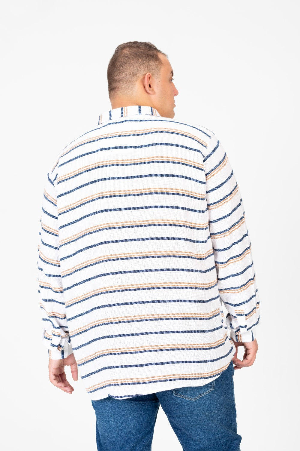 قميص رجالي مخطط بيج بأكمام طويلة، مقاس كبير