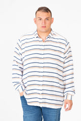 قميص رجالي مخطط بيج بأكمام طويلة، مقاس كبير