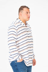 قميص رجالي مخطط بيج بأكمام طويلة، مقاس كبير