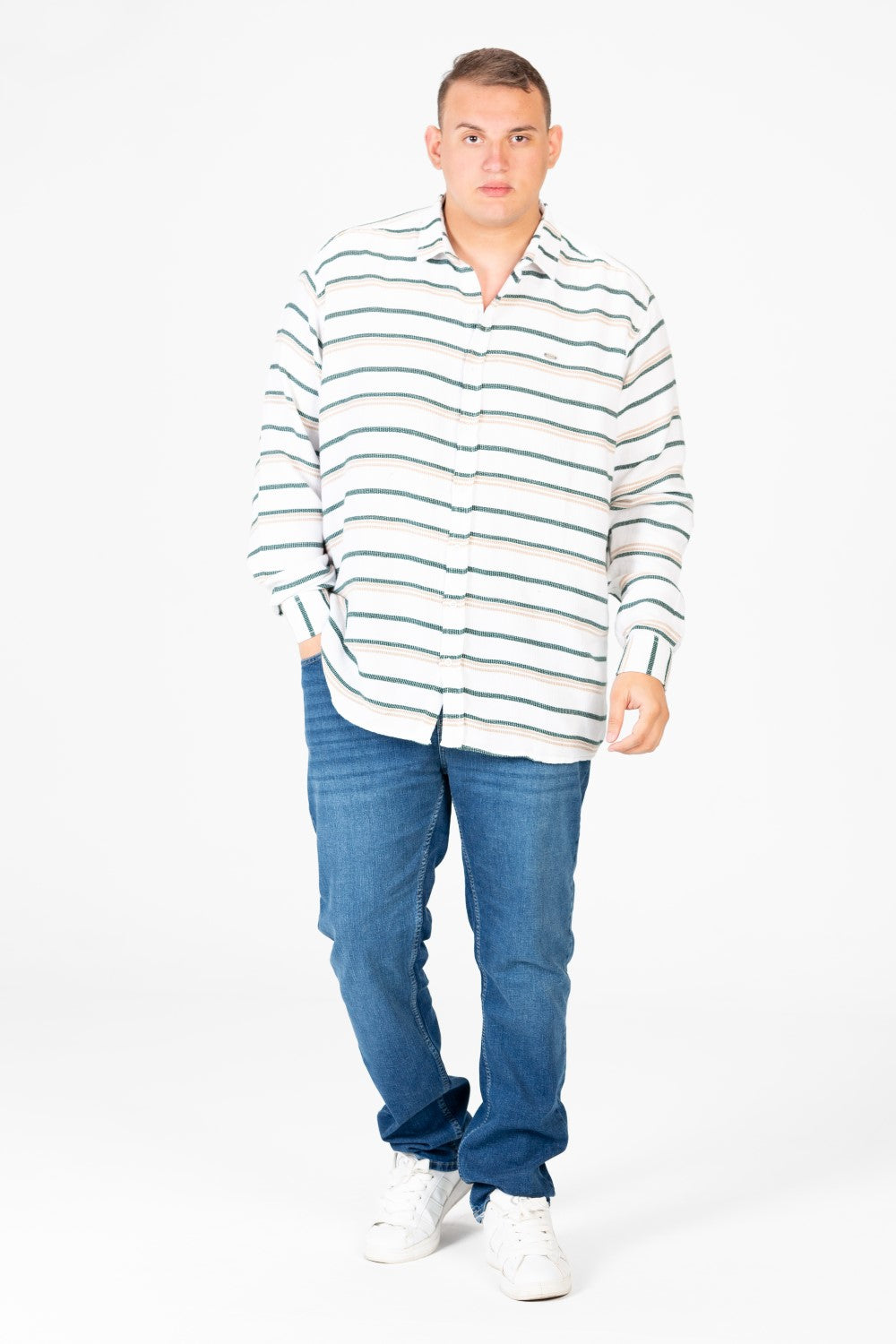 قميص رجالي مخطط بيج بأكمام طويلة، مقاس كبير