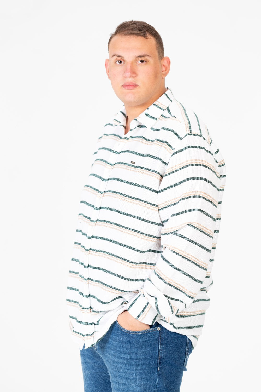 قميص رجالي مخطط بيج بأكمام طويلة، مقاس كبير