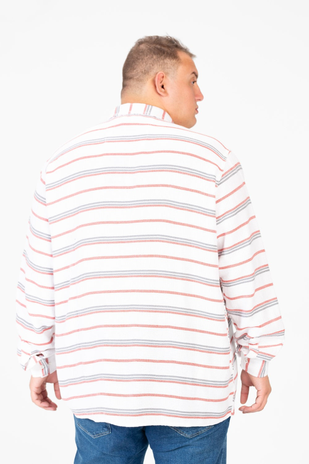 قميص رجالي مخطط بيج بأكمام طويلة، مقاس كبير