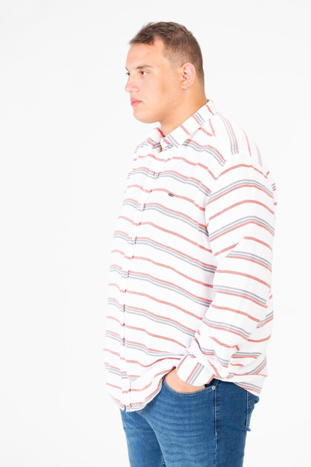 قميص رجالي مخطط بيج بأكمام طويلة، مقاس كبير