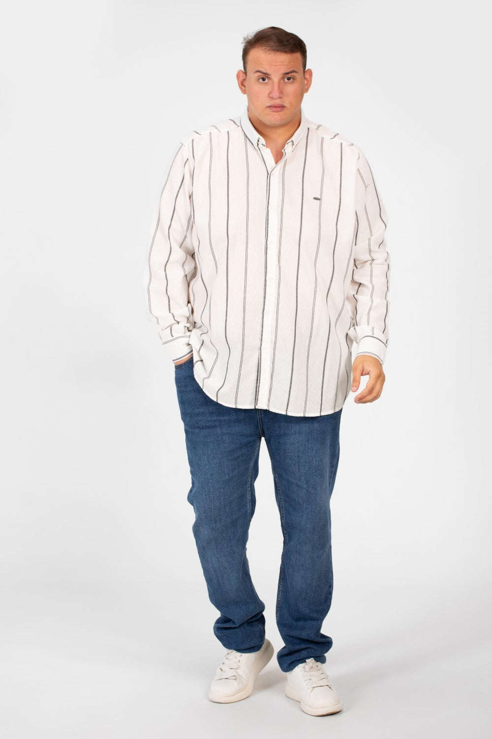 قميص رجالي صيفي مخطط بأكمام طويلة ومقاس كبير وعالي الجودة