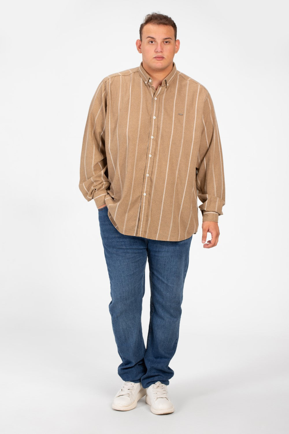 قميص رجالي صيفي مخطط بأكمام طويلة ومقاس كبير وعالي الجودة