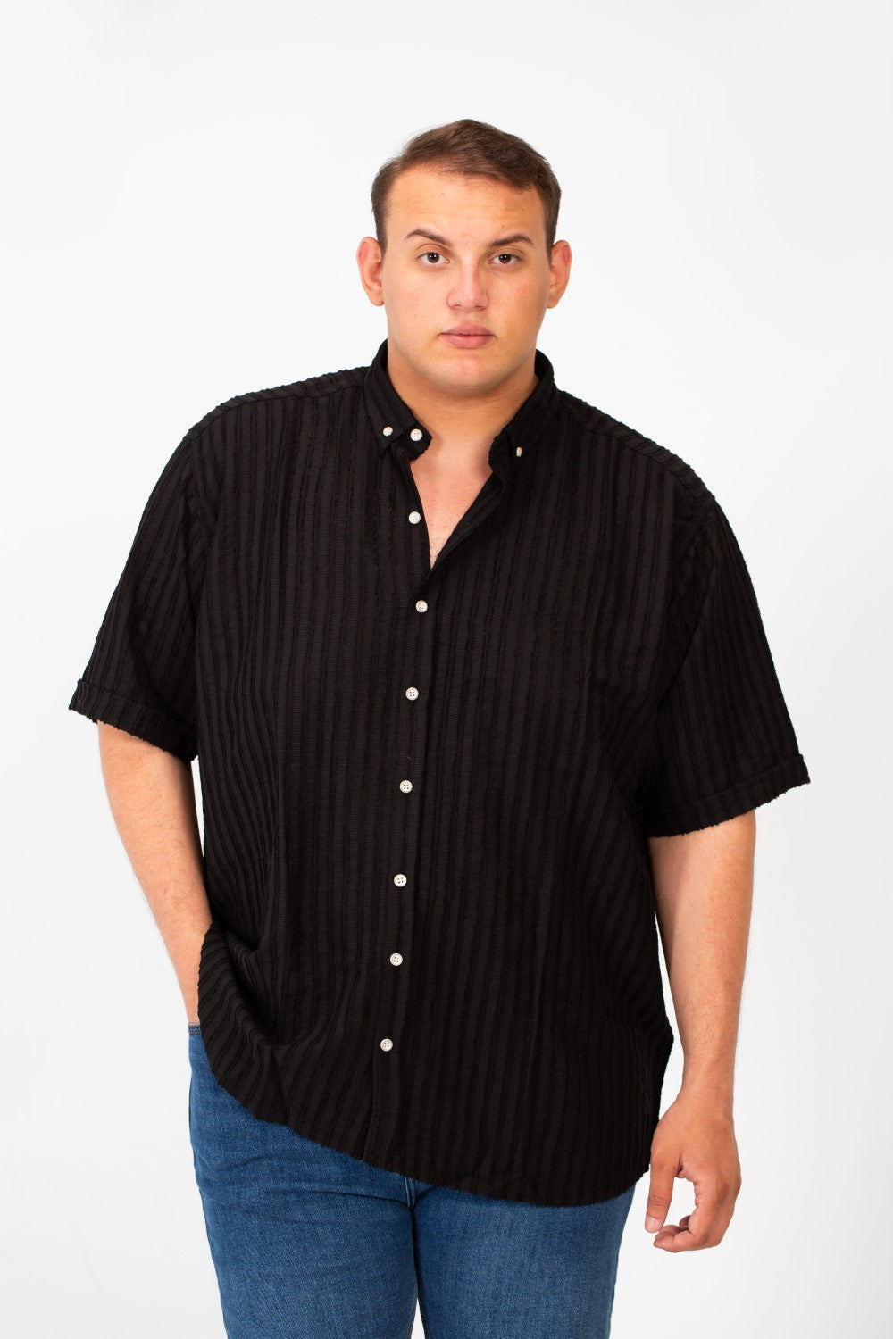 قميص رجالي مخطط نصف كم قابل للتنفس بمقاس كبير