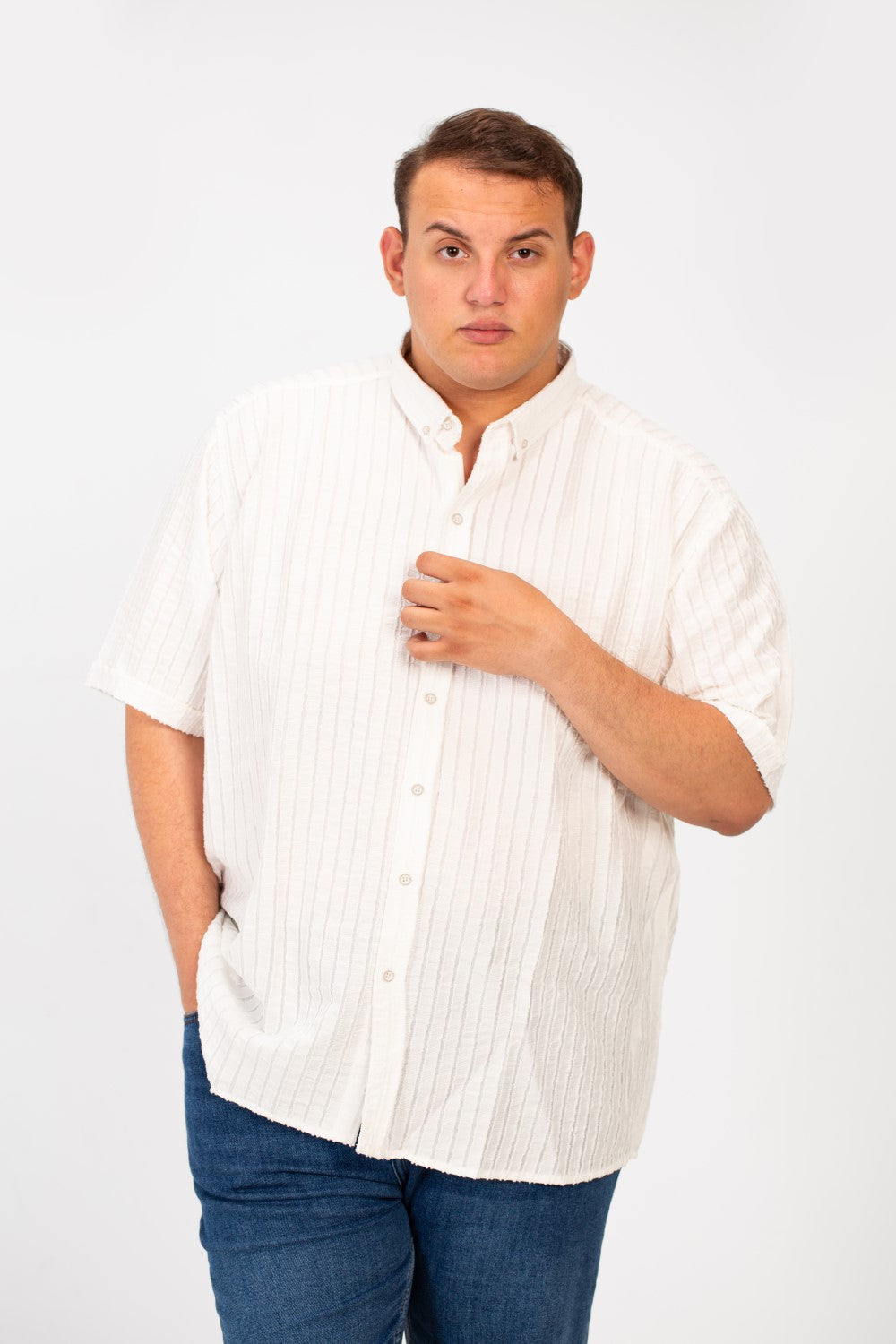 قميص رجالي مخطط نصف كم قابل للتنفس بمقاس كبير