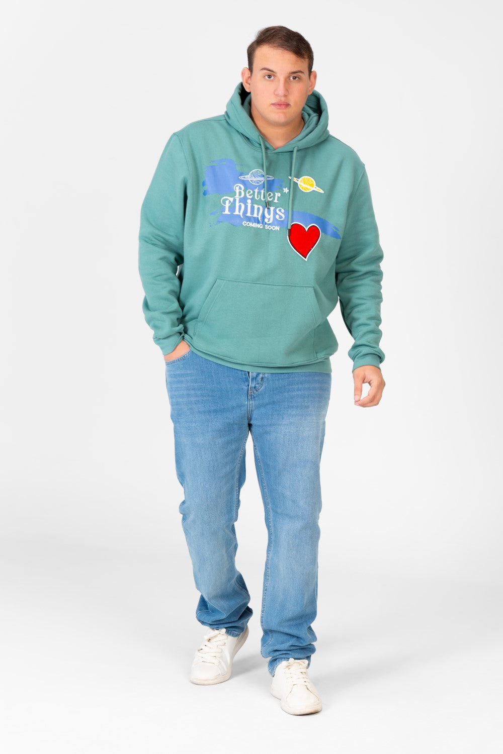 سويت شيرت رجالي بغطاء رأس ومقاس كبير مع طباعة أمامية وأكمام طويلة