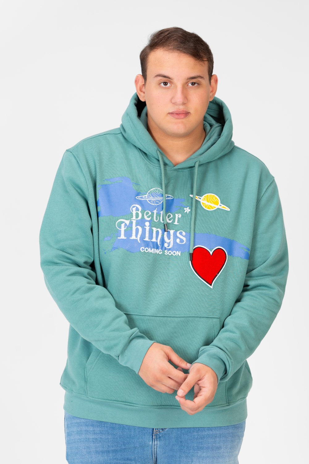 سويت شيرت رجالي بغطاء رأس ومقاس كبير مع طباعة أمامية وأكمام طويلة