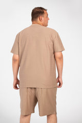 طقم ملابس صيفي رجالي بمقاسات كبيرة، تي شيرت نصف كم مع جيب أمامي وشورت