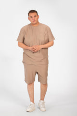 طقم ملابس صيفي رجالي بمقاسات كبيرة، تي شيرت نصف كم مع جيب أمامي وشورت